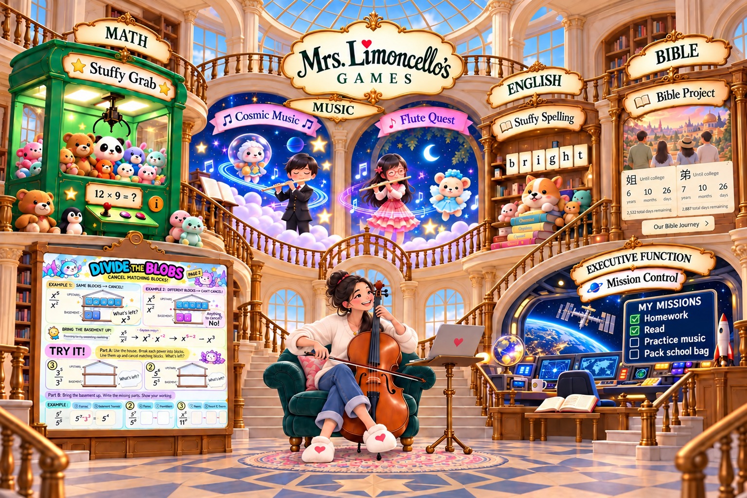 Mrs. Limoncello’s Games: a golden atrium with Stuffy Grab, Cosmic Music, Flute Quest, Stuffy Spelling, Bible Project, and Mission Control with a checklist for homework, reading, music practice, and packing a school bag.