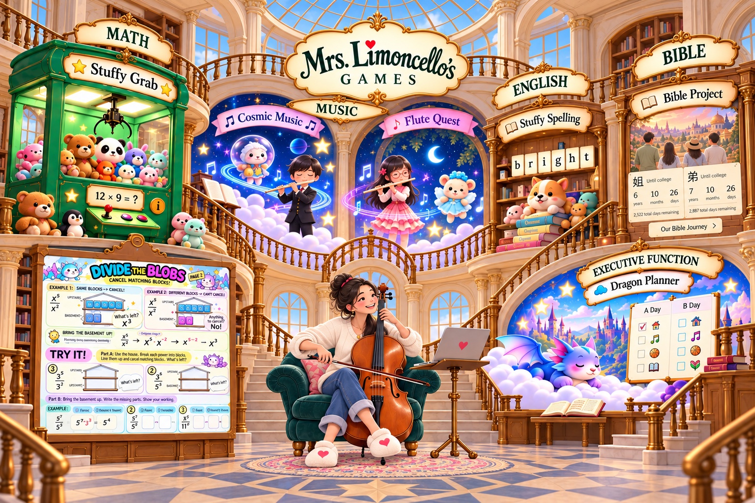 Mrs. Limoncello’s Games: a golden atrium with Stuffy Grab, Cosmic Music, Flute Quest, Stuffy Spelling, Bible Project, and Dragon Planner.
